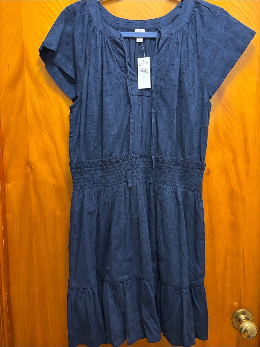 LOFT Navy Textured Tiered Short Sleeve Dress